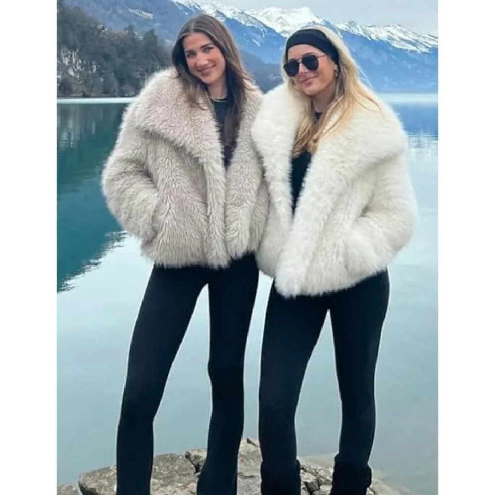 Cropped Faux Fur Jacket Lapel Collar Winter Warm Fluffy Shaggy Coat